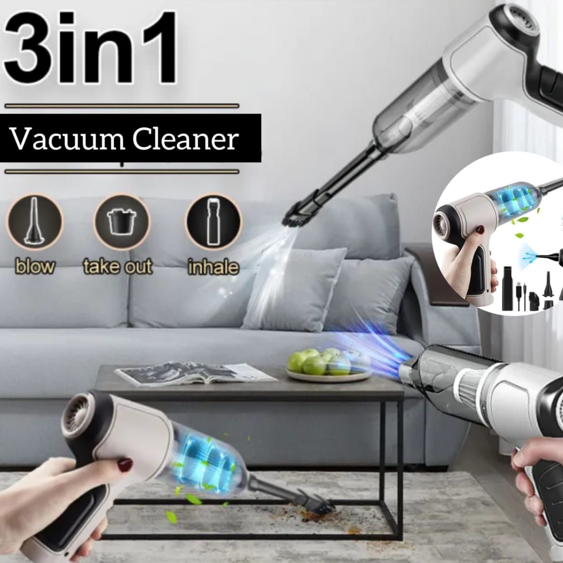 3-in-1 Portable Wireless Vacuum Cleaner – 120W | 6000Pa Suction